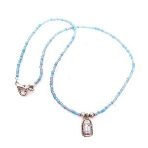 Light Blue Bezel Set Glass Sterling Silver Pendant Turquoise Color Bead Necklace